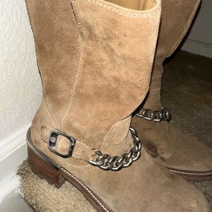 Taupe Suede Mid-Calf Boots with Silver Chain Accent Vince Camuto 8.5